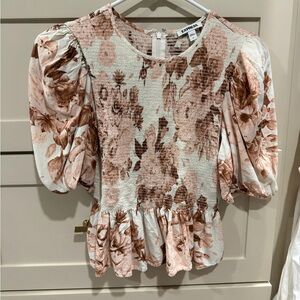 Express Pink and Brown Floral Smocked Peplum Puff Sleeve Top